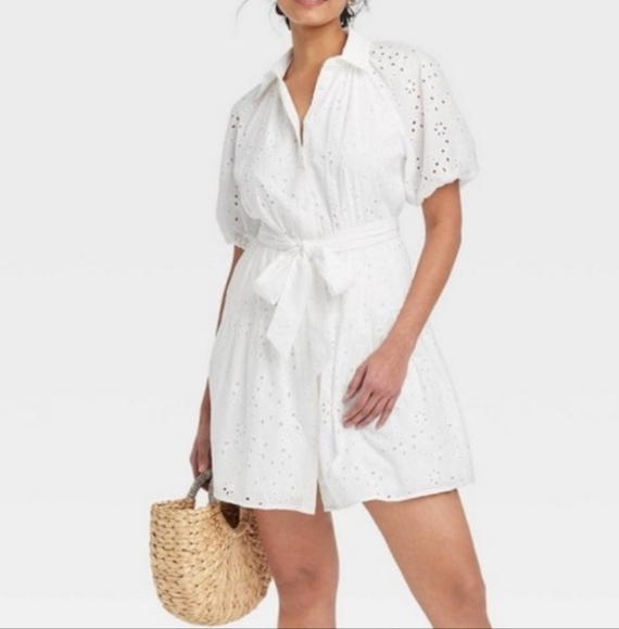 button-tie front eyelet flared dress, cotton raglan Puff sleeves, size L. - Picture 3 of 16